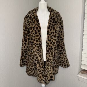 Impressions Coat Women's Large Brown Black Leopard Print Faux Fur Notch Collar